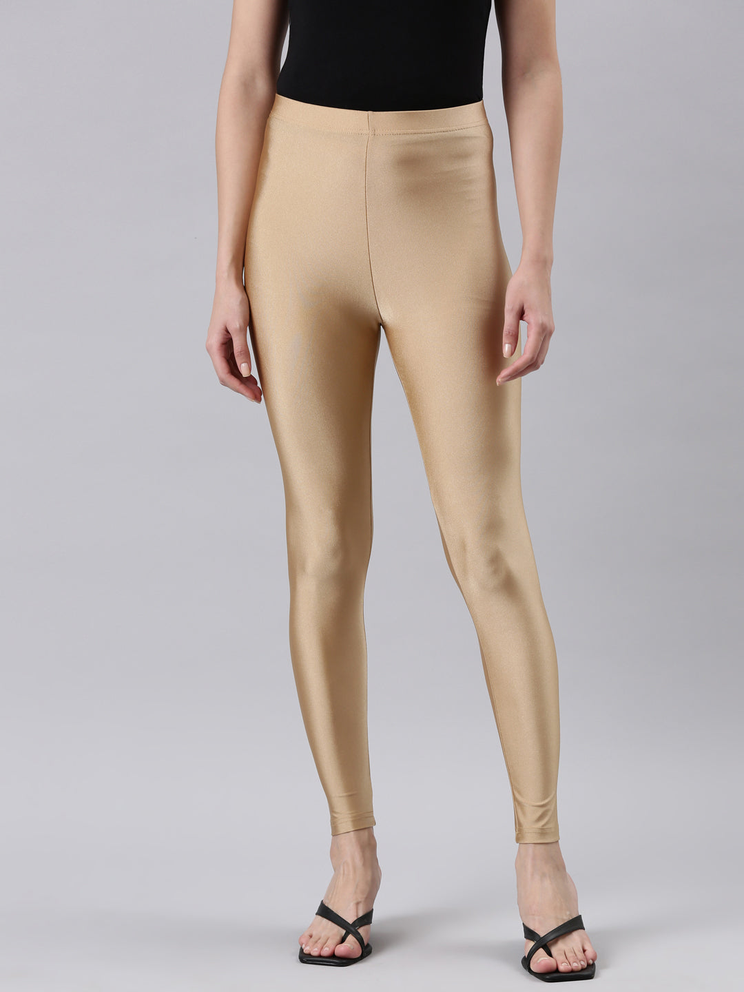 Women Gold Nylon Shimmer Churidar Leggings